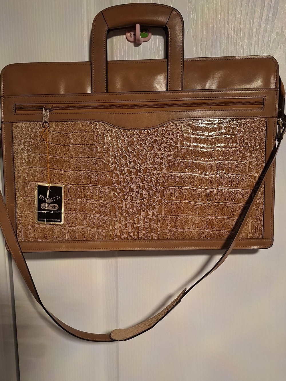 Bugatti Cognac Croc-Embossed‎ Leather Briefcase with Shoulder Strap